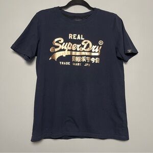 Superdry Vintage Logo Boho Sparkle T-Shirt Navy Gold Tee Women’s Size 6